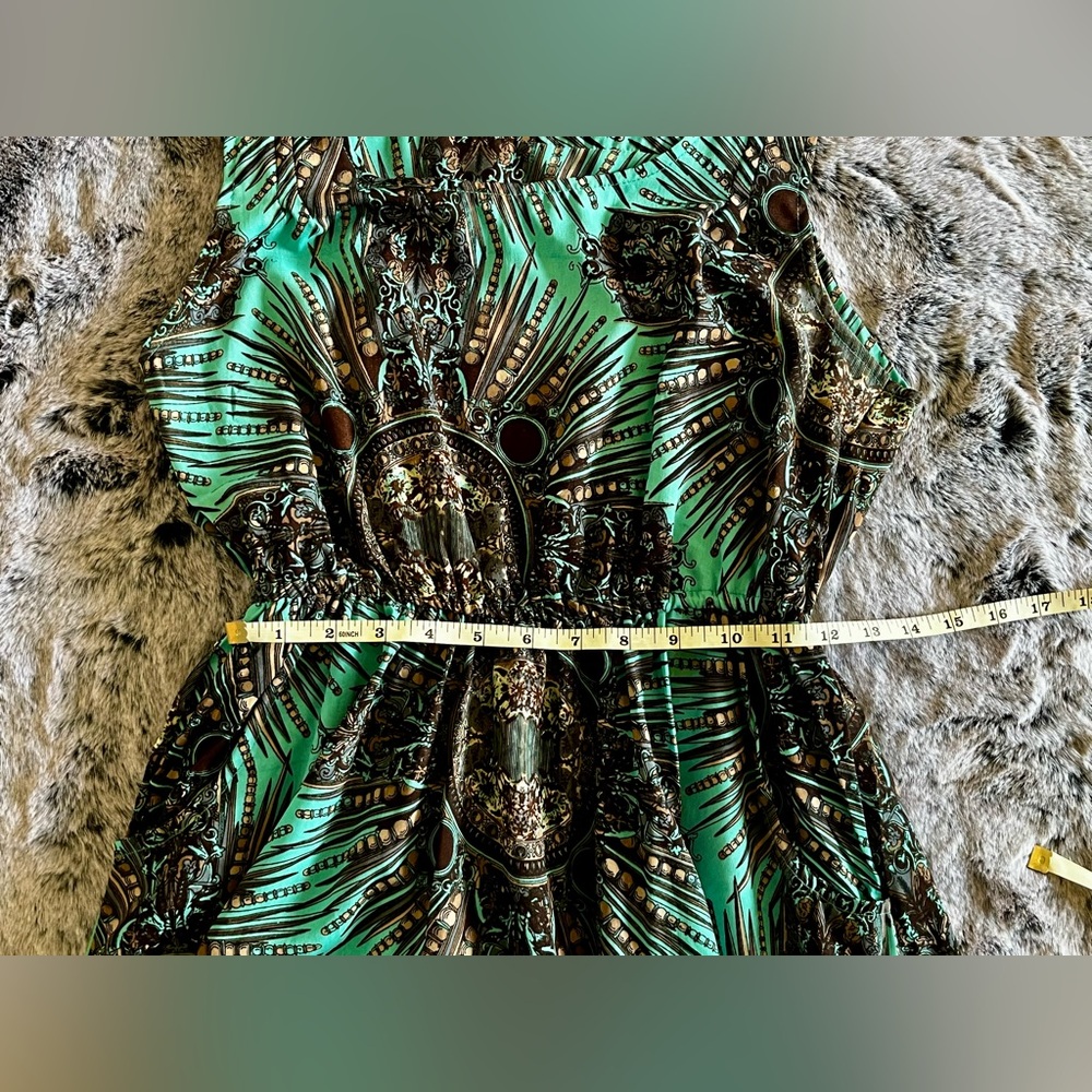 EUC Earthbound Trading Co. Teal & Feather Patterned Mini Dress Pockets Medium - Picture 11 of 14
